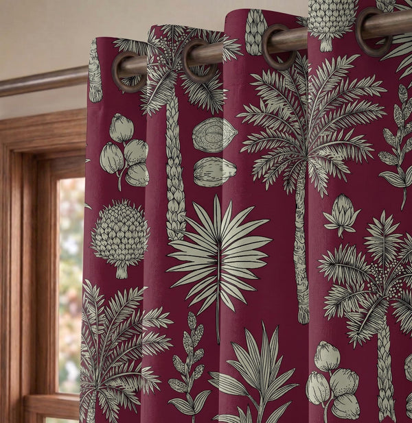 Burgundy Tropical Palm Linen Curtain, Vintage Floral Boho Window Panel