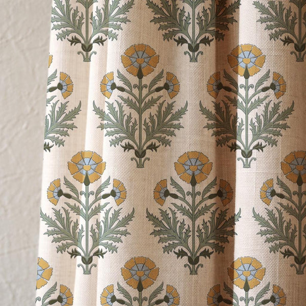 Floral Curtain Panel, Botanical Yellow Green Drapes, Cottagecore Boho Decor