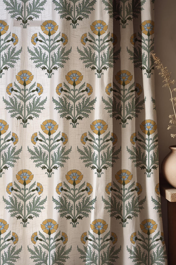 Floral Curtain Panel, Botanical Yellow Green Drapes, Cottagecore Boho Decor