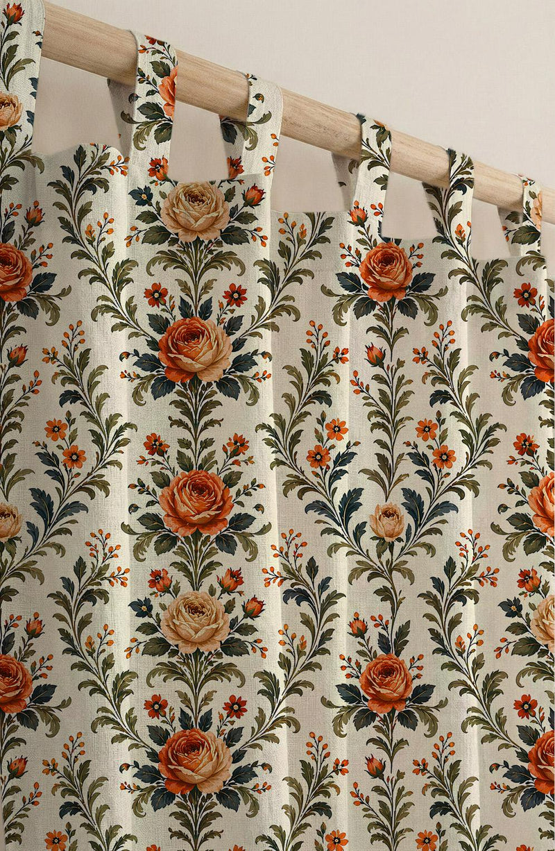 Linen Floral Curtain, Vintage Rose Botanical Drapes, Rustic Farmhouse Window Treatment