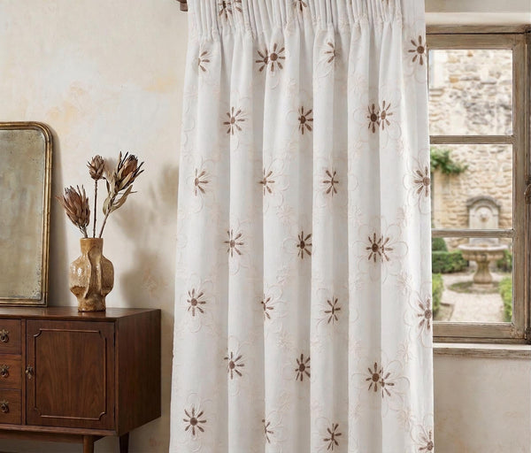 Embroidered Floral Linen Curtain Panel, Neutral Boho Window Drapes, Farmhouse Rustic Flower Curtain
