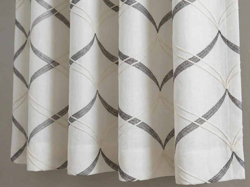 Embroidered Linen Curtain Panel, Geometric Beige Grommet Drapes, Contemporary Farmhouse Window Treatment