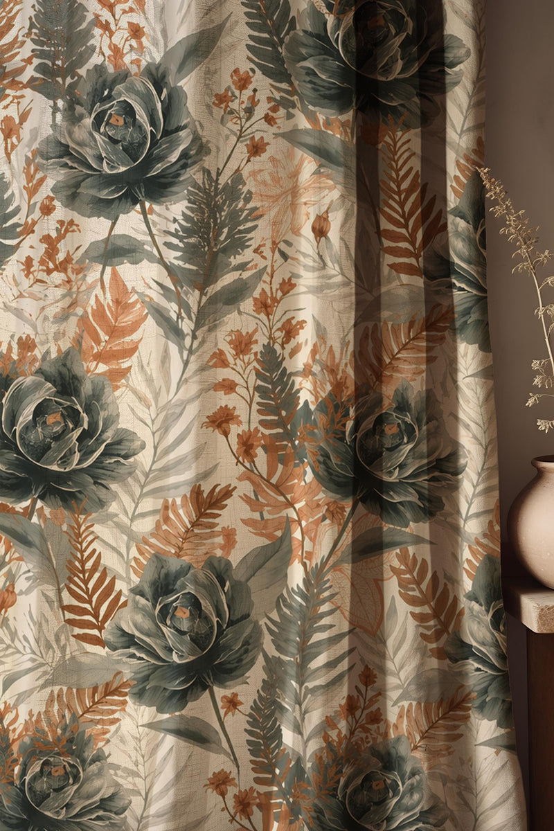 Floral Linen Curtain, Botanical Vintage Drapes, Rustic Farmhouse Window Panel