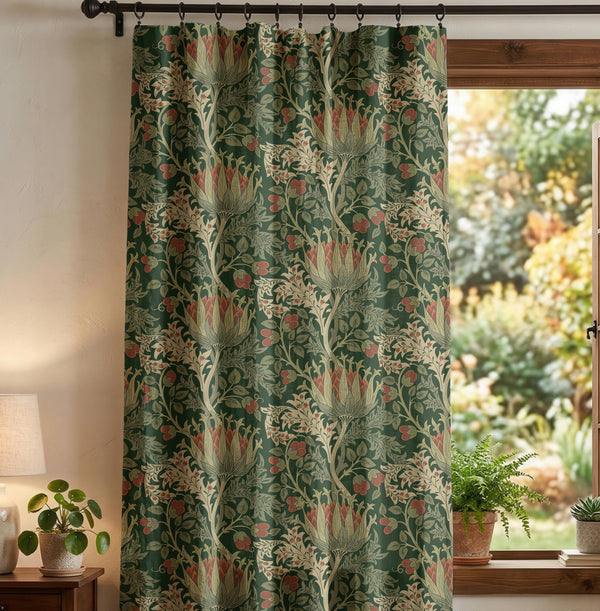 William Morris Floral Linen Curtain Panel, Botanical Arts and Crafts Drapes