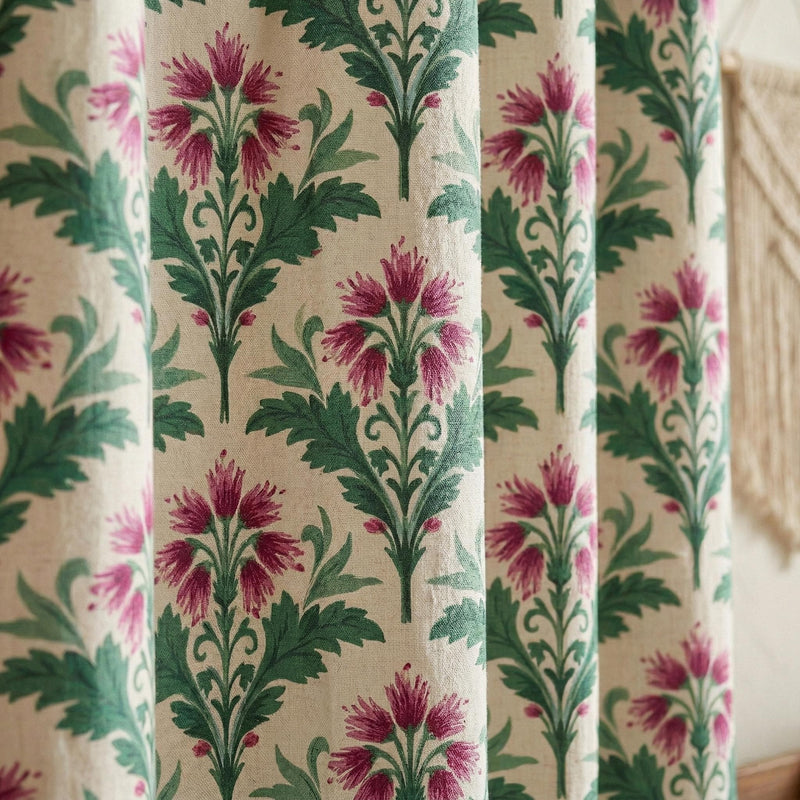 William Morris Floral Linen Curtain, Pink Botanical Custom Drapes, Vintage Cottage Window Treatment