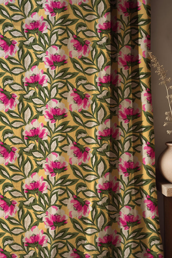 Mustard Yellow Floral Linen Curtain, Pink Peony Botanical Drapes, Boho Window Panel