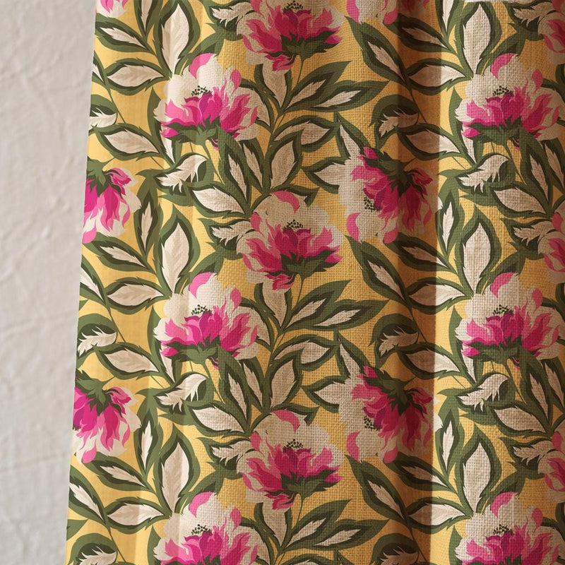 Mustard Yellow Floral Linen Curtain, Pink Peony Botanical Drapes, Boho Window Panel
