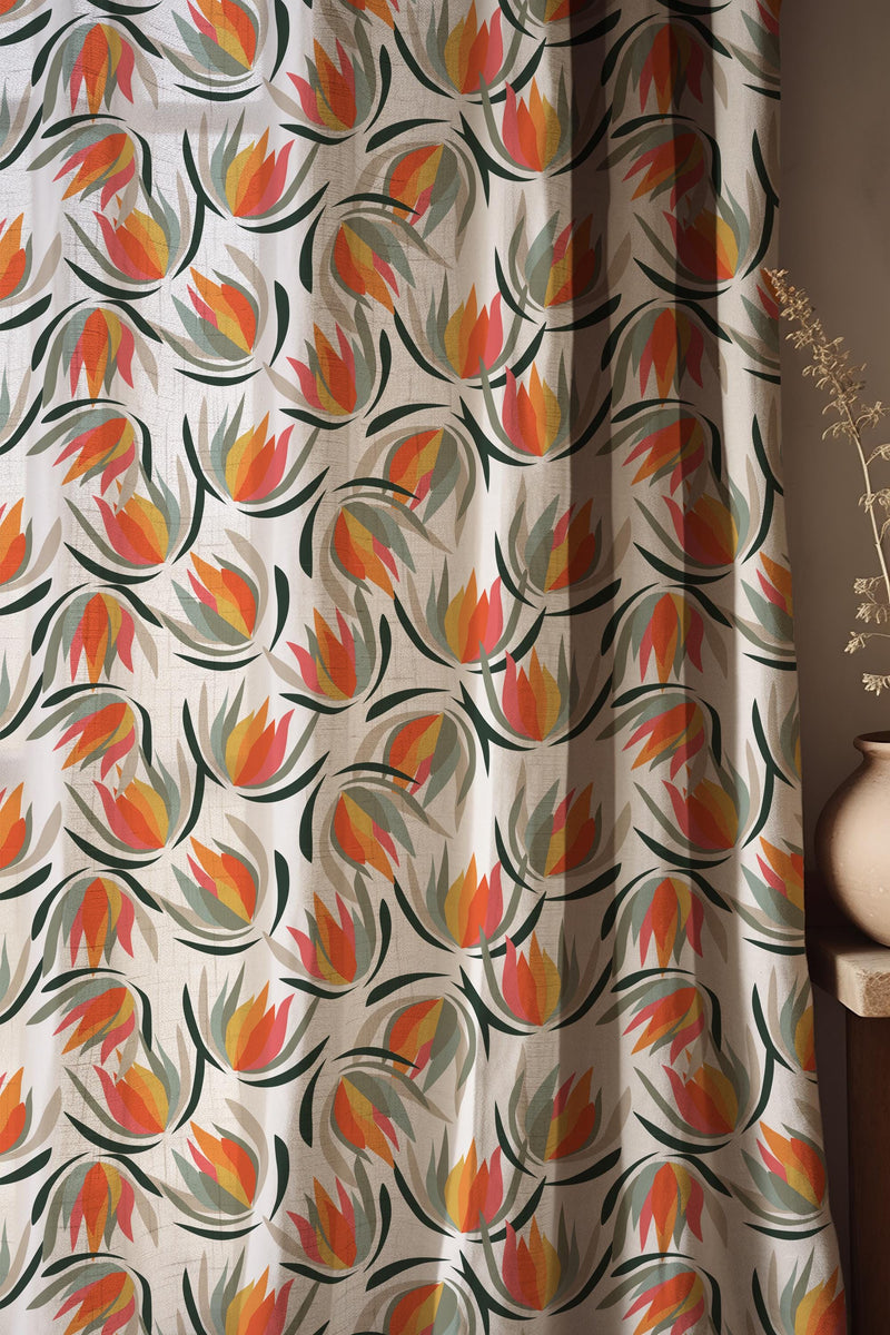 Boho Floral Linen Curtain, Retro Tulip Drapes, Vintage Bohemian Window Panel