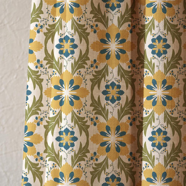 Vintage Floral Linen Curtain Panel, Retro Botanical Drapes, Boho Farmhouse Cottagecore Window Covering