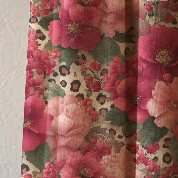 Pink Floral Leopard Print Curtain Panel, Boho Chic Botanical Drapes