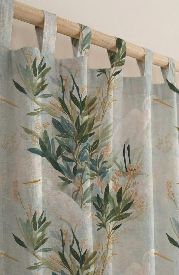 Heron Bird Linen Curtain Panel, Coastal Botanical Drapes, Tropical Nature Farmhouse Window Hanging