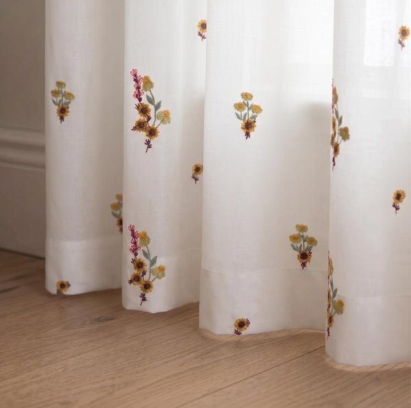 Embroidered Linen Floral Curtain Panel, Light Filtering Drapes, Cottagecore Window Treatment