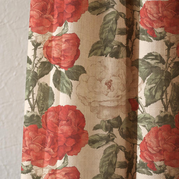 Vintage Red Rose Linen Curtain, Botanical Floral Drapes, Cottagecore Farmhouse Window Panel
