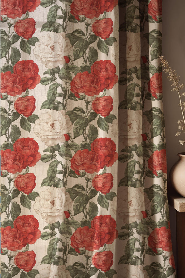 Vintage Red Rose Linen Curtain, Botanical Floral Drapes, Cottagecore Farmhouse Window Panel