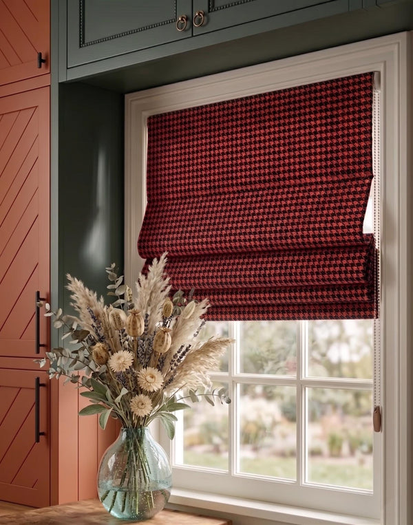 Red Houndstooth Woven Roman Shade, Custom Tailored Window Treatment
