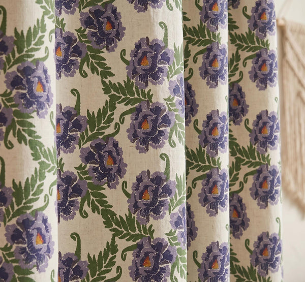 Linen Floral Curtain, Purple Botanical Drapes, Vintage Window Panel, Cottagecore Drapery