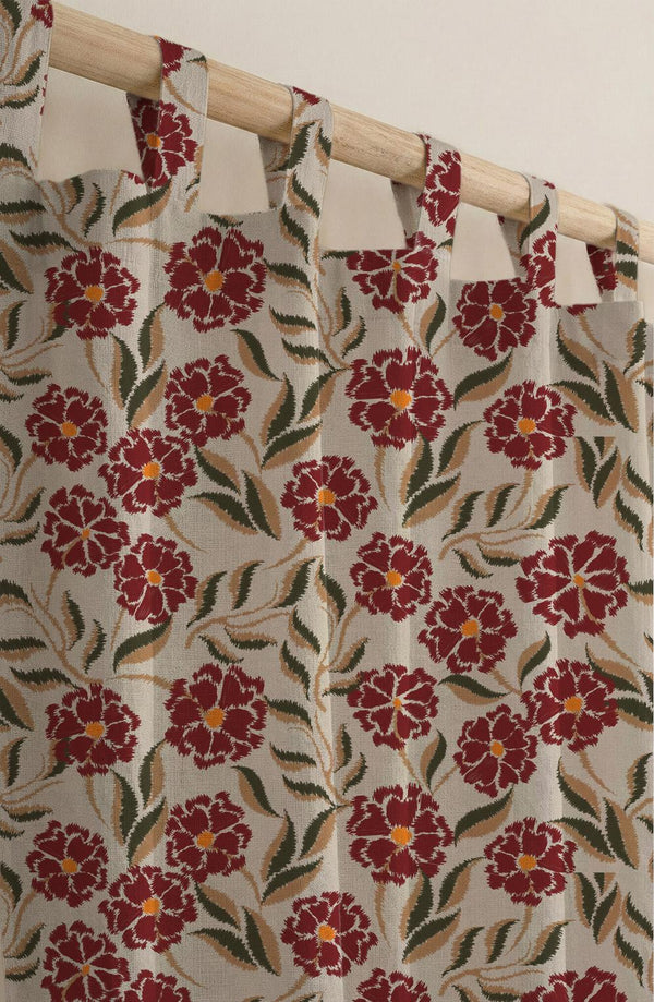 Red Floral Linen Curtain, Vintage Botanical Drapes, Cottagecore Window Panel, Farmhouse Flower (Custom Size)