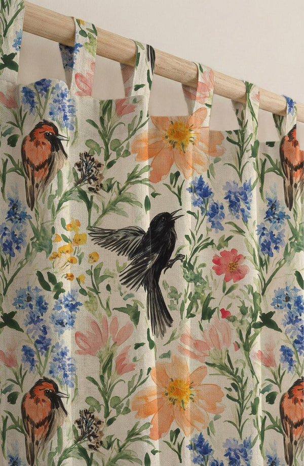Bird Floral Linen Curtain, Botanical Drapes, Cottagecore Window Panel, Vintage Nature Farmhouse Style