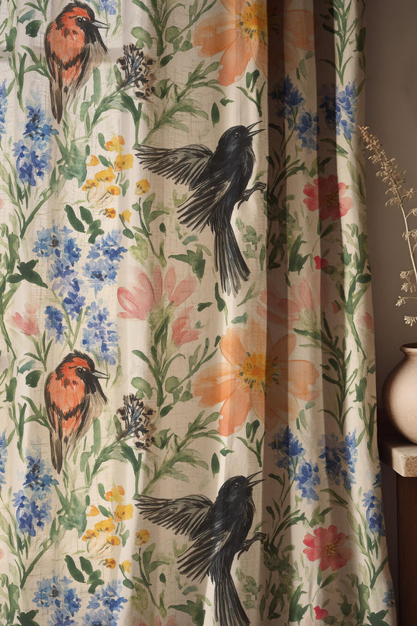 Bird Floral Linen Curtain, Botanical Drapes, Cottagecore Window Panel, Vintage Nature Farmhouse Style