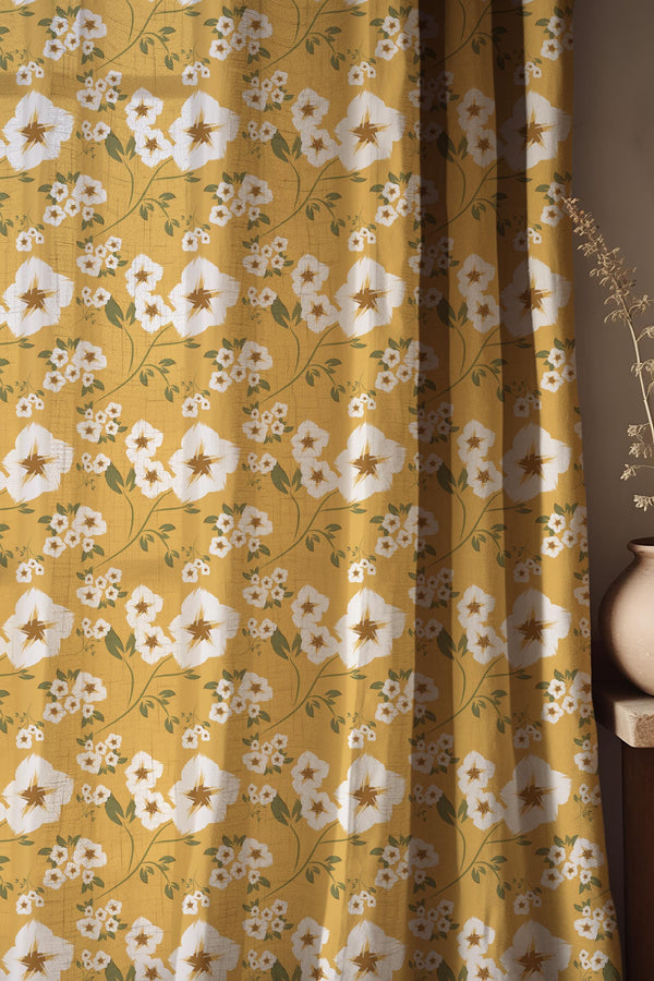 Mustard Yellow Floral Linen Curtains, Botanical Cottagecore Window Drapes
