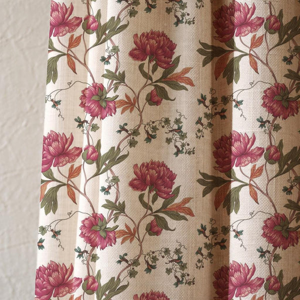 Vintage Peony Botanical Linen Curtain, Cottagecore Floral Drapes, Farmhouse Window Panel