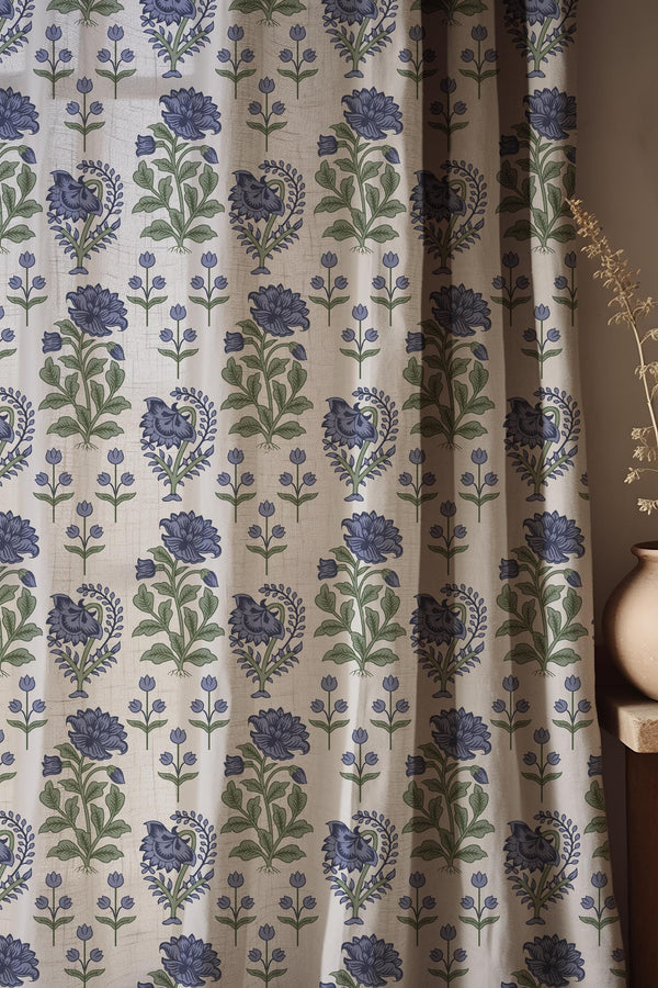 Blue Floral Linen Curtain, Botanical Garden Drapes, Cottagecore Farmhouse Window Panel