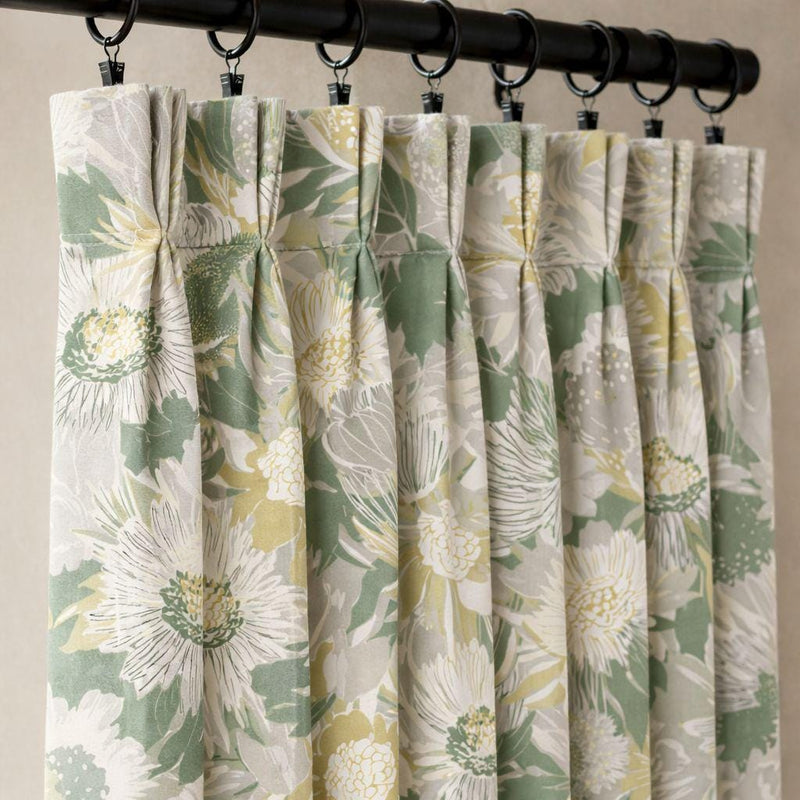 Sage Green Floral Linen Pinch Pleat Curtains, Custom-Sized, Panel or Pair