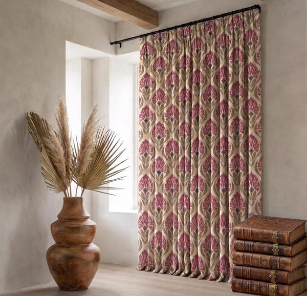 Linen Floral Café Curtain, Vintage Botanical Farmhouse Window Treatment (Custom Size)