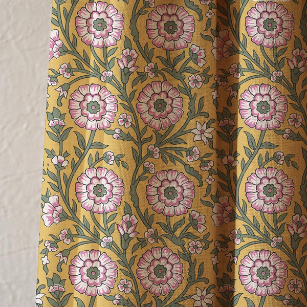 Mustard Pink Floral Linen Curtain, Vintage Botanical Drapes, Cottagecore Window Panel