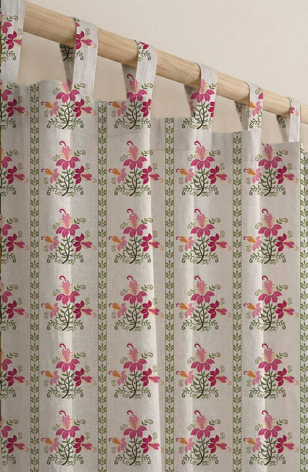 Pink Floral Linen Curtain, Botanical Vintage Drapes, Cottagecore Panel, Farmhouse Romantic Flower Custom Size