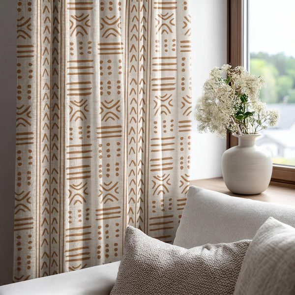 Boho Mudcloth Curtain, Tribal Geometric Linen Look Panel, Neutral Bohemian Home Decor