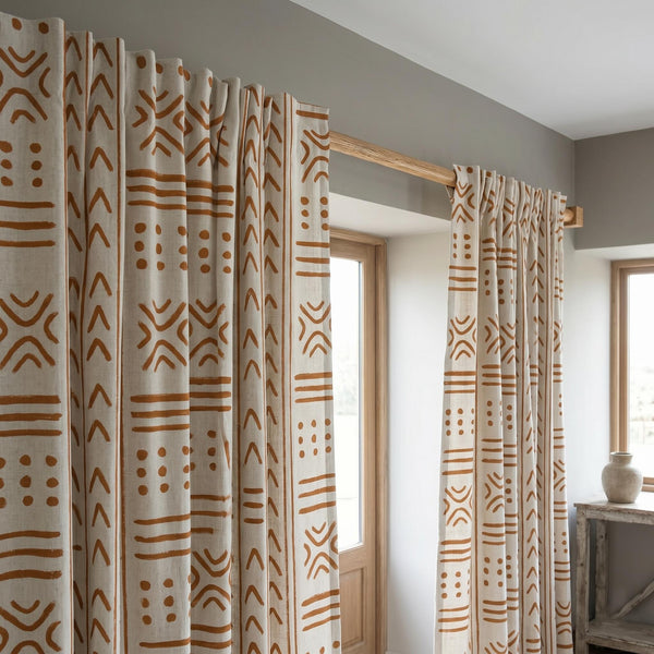 Boho Mudcloth Curtain, Tribal Geometric Linen Look Panel, Neutral Bohemian Home Decor