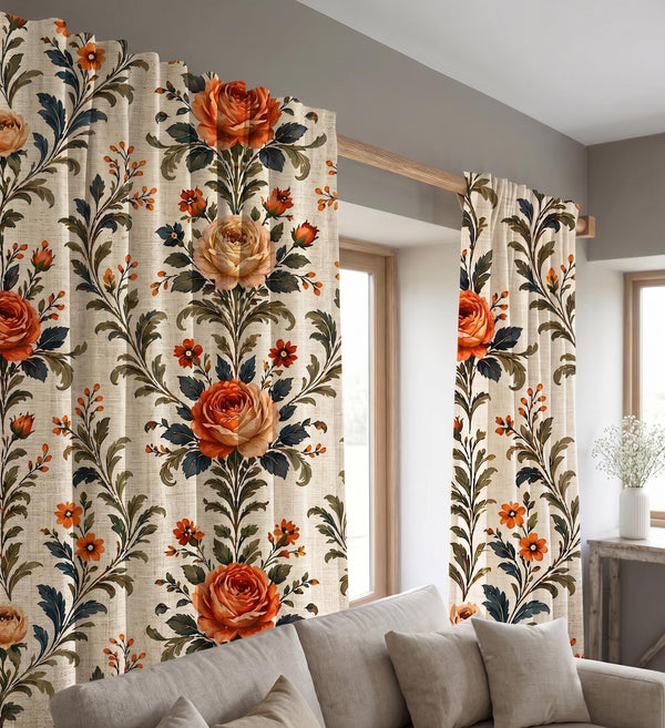 Linen Floral Curtain, Vintage Rose Botanical Drapes, Rustic Farmhouse Window Treatment