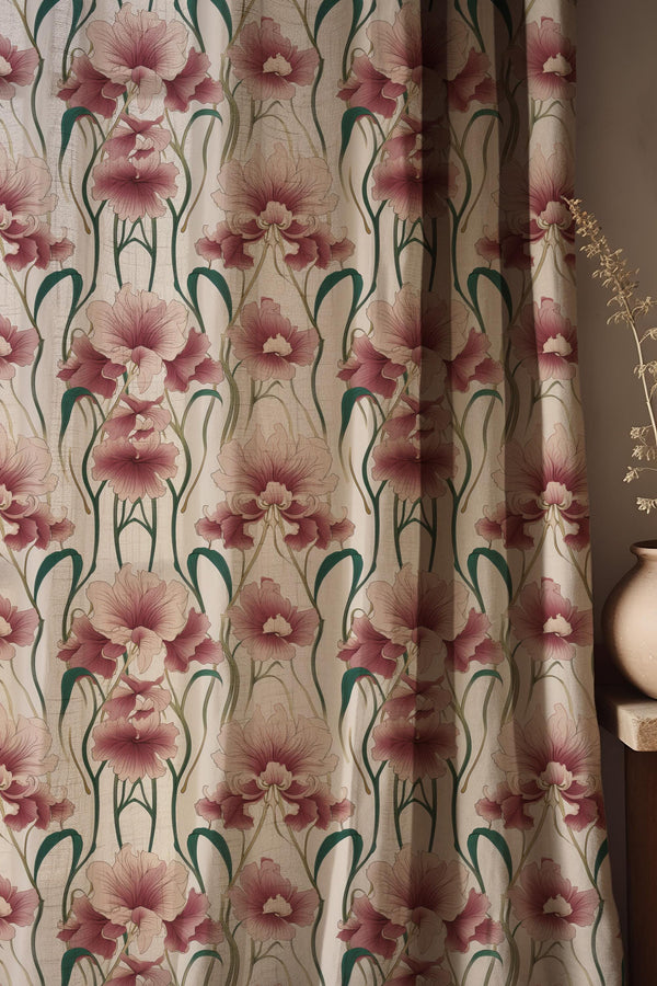 Vintage Floral Linen Curtain, Pink Iris Botanical Drapes, Custom Boho Farmhouse Panel