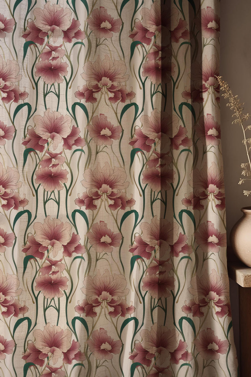 Vintage Floral Linen Curtain, Pink Iris Botanical Drapes, Custom Boho Farmhouse Panel