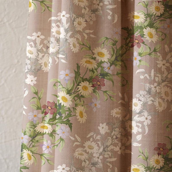 Vintage Daisy Linen Curtain, Wildflower Botanical Drapes, Rustic Boho Decor