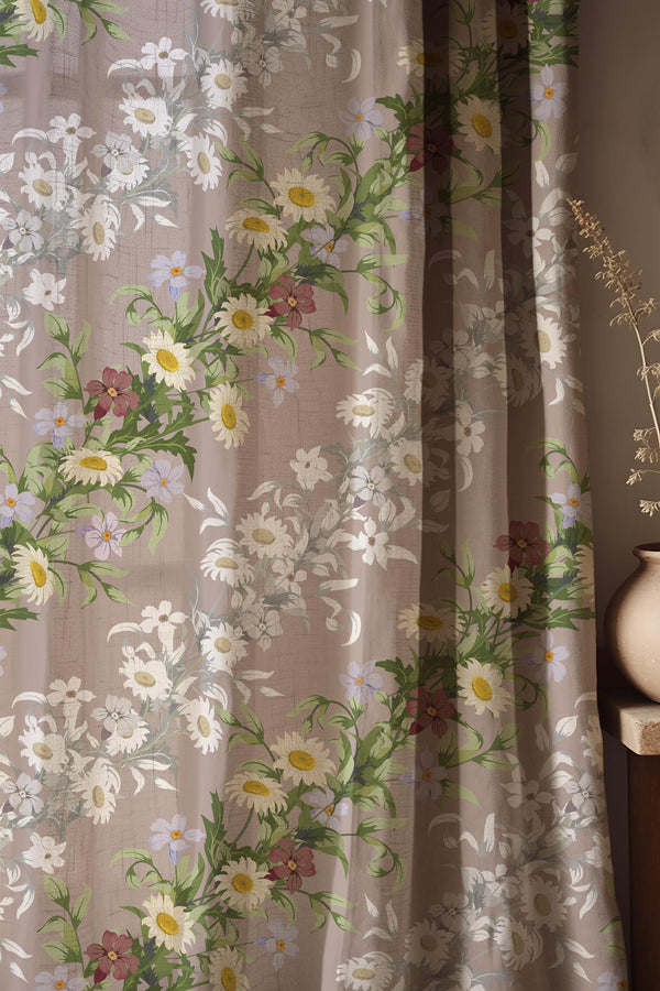 Vintage Daisy Linen Curtain, Wildflower Botanical Drapes, Rustic Boho Decor