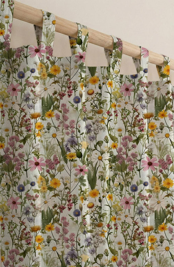 Wildflower Linen Curtain Panel, Botanical Floral Drapes, Meadow Cottagecore Window Drapery