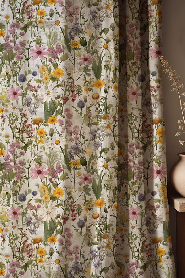 Wildflower Linen Curtain Panel, Botanical Floral Drapes, Meadow Cottagecore Window Drapery