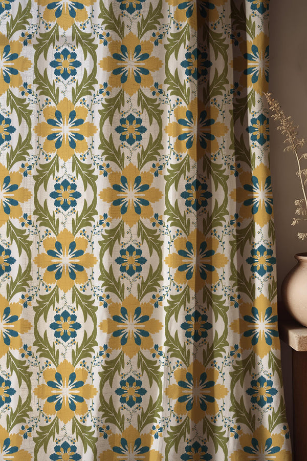 Vintage Floral Linen Curtain Panel, Retro Botanical Drapes, Boho Farmhouse Cottagecore Window Covering