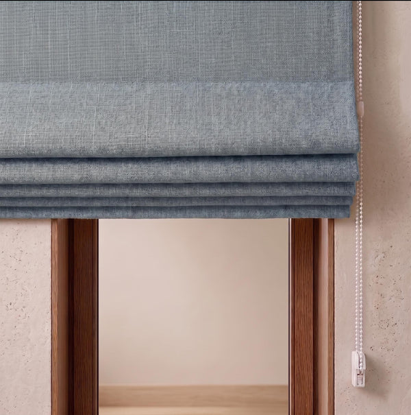Textured Blue Linen Roman Shade, Custom Window Treatment, Cordless Chain Blind