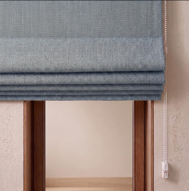 Textured Blue Linen Roman Shade, Custom Window Treatment, Cordless Chain Blind