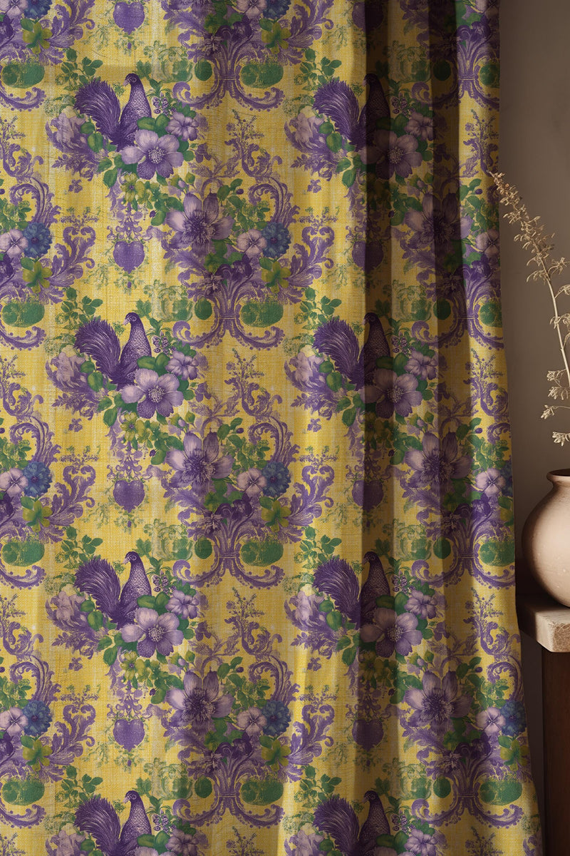 Baroque Floral Bird Linen Curtain Panel, Victorian Botanical Drapes