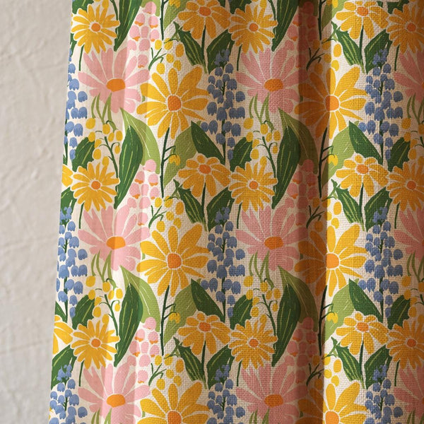 Retro Floral Linen Curtain Panel, Boho Botanical Window Drapes, Cottagecore Flower Home Decor