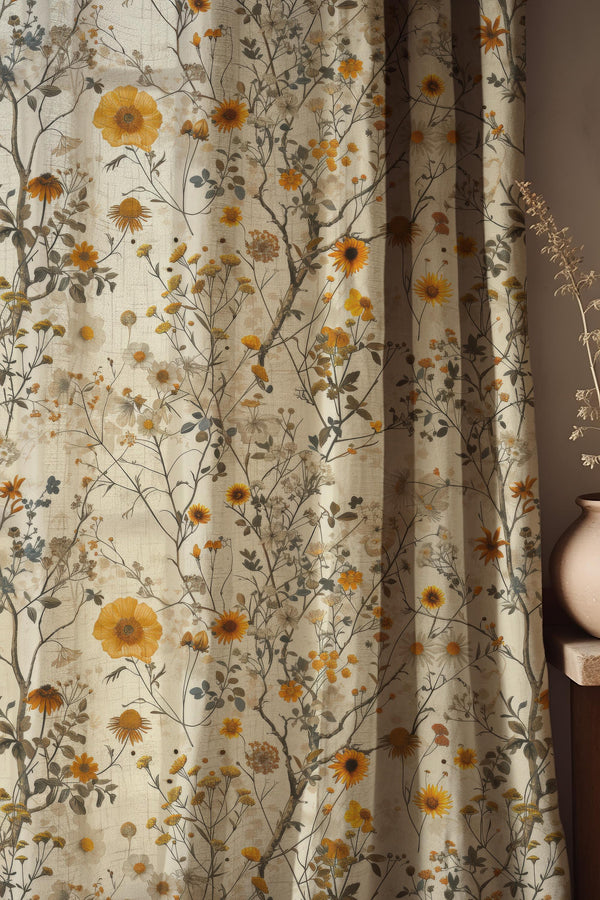 Floral Linen Curtain Panel, Rustic Wildflower Drapes, Botanical Cottagecore Farmhouse Window Covering