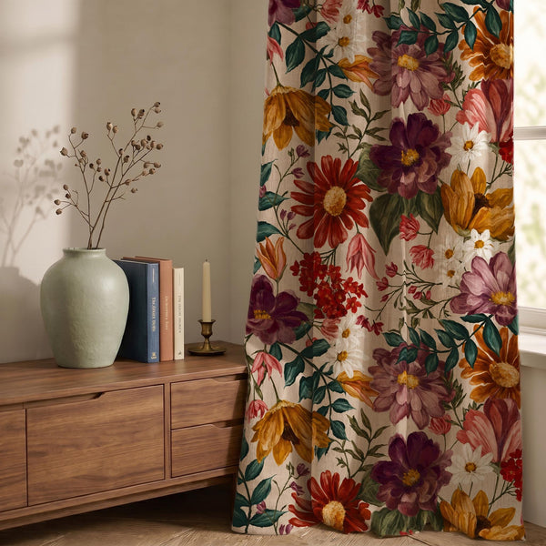 Maximalist Floral Linen Curtain Panel, Vintage Botanical Boho Drapes