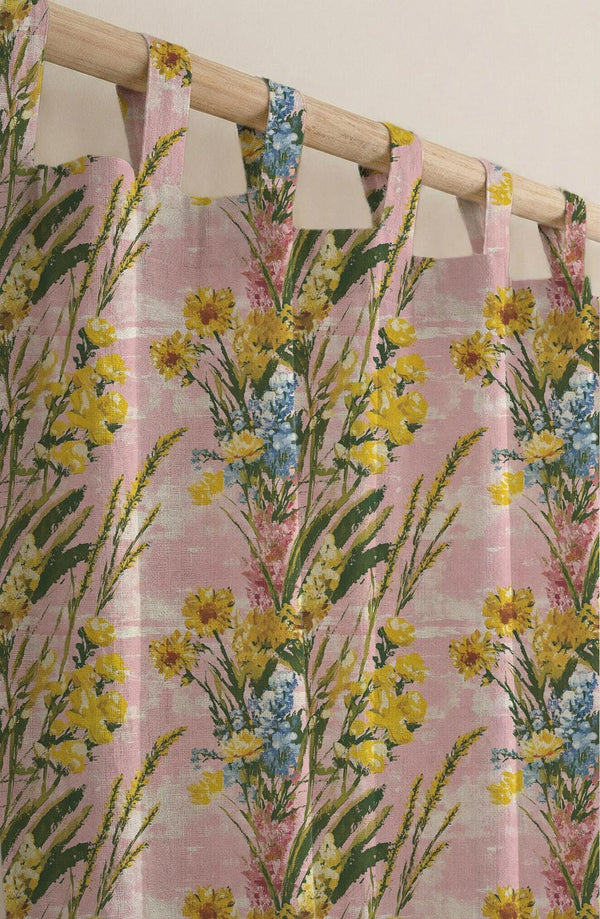 Pink Wildflower Linen Curtain, Botanical Floral Drapes, Cottagecore Window Panel
