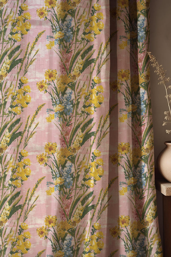Pink Wildflower Linen Curtain, Botanical Floral Drapes, Cottagecore Window Panel