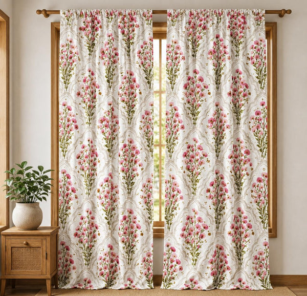 Pink Floral Linen Curtain, Botanical Boho Window Panel, Farmhouse Drapes