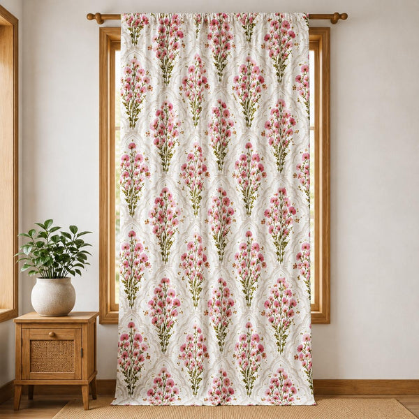 Pink Floral Linen Curtain, Botanical Boho Window Panel, Farmhouse Drapes